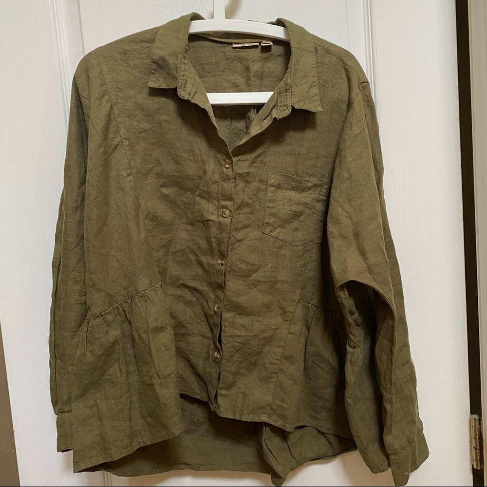 Anthropologie Khaki Linen Button Up Shirt Jacket